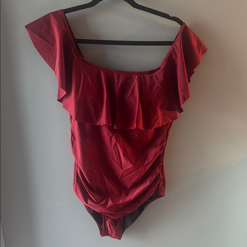 Red Ruffled One Piece Swimsuit with back tie detail L